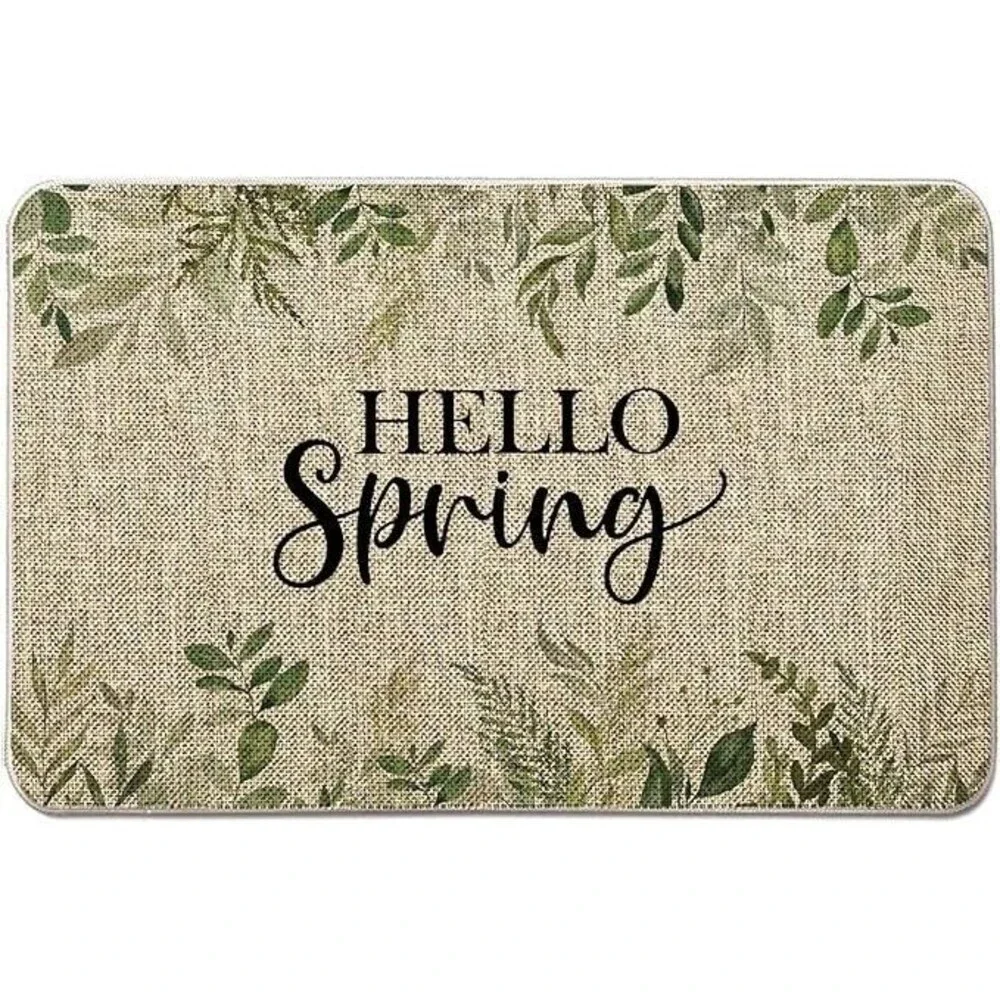 Hello Spring Leaves Farmhouse Indoor Outdoor Non Slip Door Mat 27x17